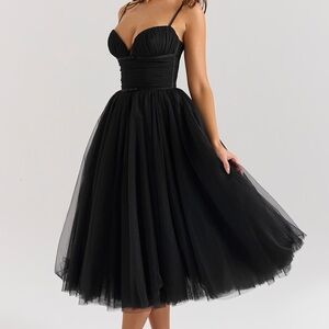 House of CB Black Tulle Midi Dress with Ruched Bust